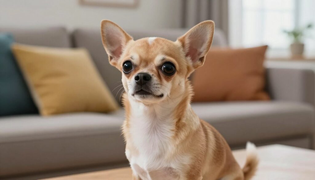 A charming Chihuahua with a playful yet calm demeanor sits attentively in a cozy living room setting. In the foreground, the tiny dog, with its large, expressive eyes and soft, fawn-colored fur, gazes up with a curious tilt of its head, demonstrating its sociable character. The middle ground features a comfortable couch adorned with colorful cushions, suggesting a warm environment ideal for training and socializing. In the background, soft natural light filters in through a window, creating an inviting and relaxing atmosphere. The overall mood is peaceful and engaging, capturing the essence of a well-socialized Chihuahua. The angle emphasizes the dog's small stature while showcasing its character and the inviting home surroundings.