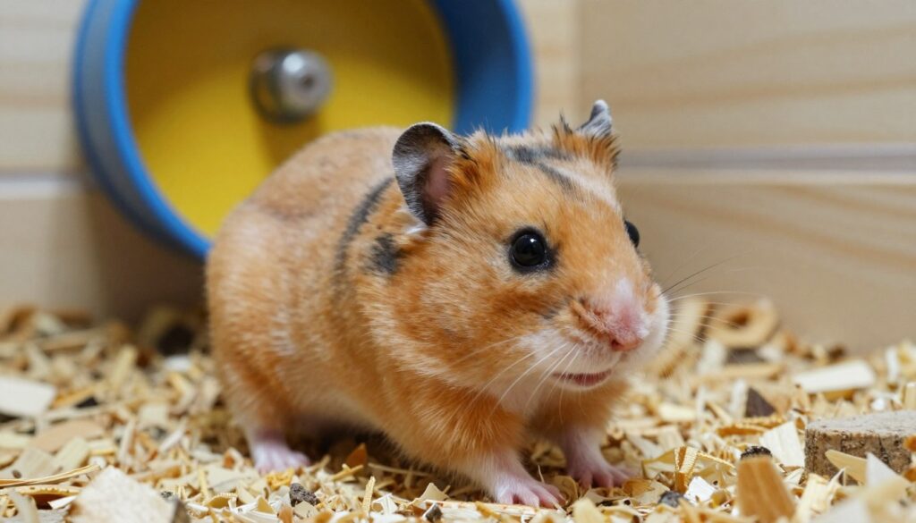A close-up of a female hamster in a natural setting, exhibiting signs of being in heat. The hamster has a fluffy coat with vibrant colors, showcasing its unique markings and bright eyes. In the foreground, emphasize the hamster’s body posture as it explores its habitat curiously, with its nose slightly lifted. The background features wooden bedding and a small, colorful wheel, set in a softly lit environment to create a warm and inviting atmosphere. Use soft, diffused lighting to highlight the delicate fur and the shimmering eyes of the hamster. Capture the image at a low angle to give an immersive perspective, emphasizing the hamster's small size and playful demeanor. The overall mood should be lively and engaging, reflecting the behavior and appearance of a female hamster during this phase.