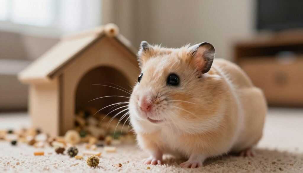 A close-up of a female hamster in a soft, cozy environment, showcasing the signs of her estrous cycle. The foreground features the hamster with a gentle focus, displaying her expressive eyes and soft fur texture. In the middle, include elements like a small hutch with bedding and a bit of scattered food to convey the natural habitat. The background shows a blurred, warm-toned living room setting, with soft light coming through a window, creating a calming atmosphere. The overall image should evoke curiosity and tenderness, emphasizing the life cycle and reproductive behaviors of hamsters. Use a shallow depth of field to highlight the subject while softly blurring the surroundings for a cozy, intimate feel.