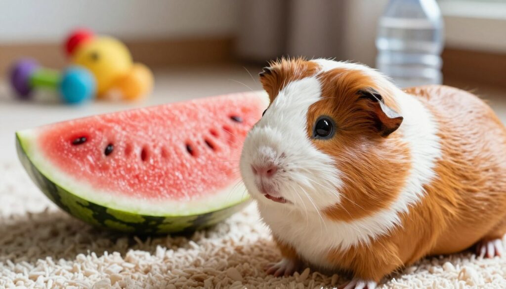 A close-up of a healthy, inquisitive guinea pig sitting in a sunny, well-lit indoor environment. In the foreground, the guinea pig has a glossy coat with vibrant hues of brown and white, showcasing its lively personality. In the middle, place a fresh slice of watermelon on the soft bedding, the pink flesh contrasting beautifully with the green rind, hinting at the healthy treat. In the background, soft, blurred elements like a colorful pet toy and a water bottle suggest a nurturing home for the guinea pig. Natural lighting creates a warm and inviting atmosphere, enhancing the wholesome vibe of the scene. The composition should be taken from a slightly elevated angle, capturing the guinea pig’s curiosity and interest in the watermelon.