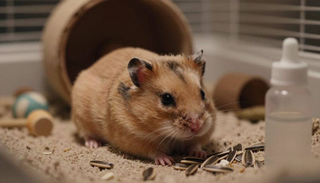 A close-up of a small, pet hamster appearing weak and lethargic, lying on soft bedding in a cozy, dimly lit habitat. The hamster's fur is slightly ruffled, and its eyes are gently closed, conveying a sense of distress or exhaustion. Surround the hamster with a few scattered sunflower seeds and a small water bottle to depict its living environment. The foreground features the hamster prominently, with a soft-focus background showing the elements of its cage like a wheel and a few chew toys. The lighting is warm and subtle, creating an intimate, somber atmosphere that captures the delicate nature of the situation. The overall mood should evoke empathy and awareness about the signs of imminent decline in small pets.