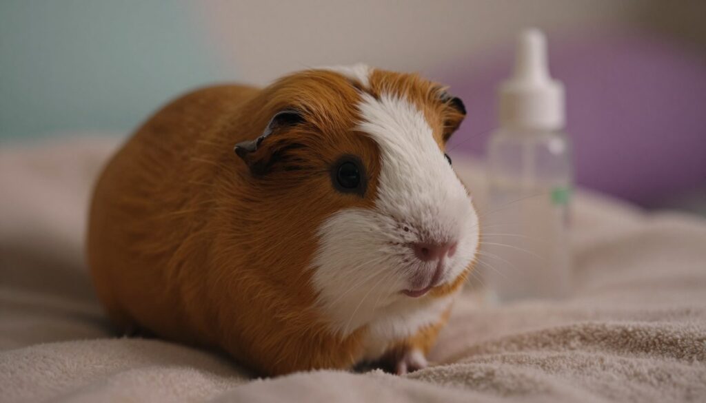 A close-up of a worried-looking guinea pig in a cozy, softly lit environment, its fur slightly ruffled and eyes appearing dull, reflecting signs of distress. The foreground features the guinea pig nestled in a softly textured bedding, with gentle shadows emphasizing its fragile state. In the middle, a small water bottle is visible, slightly out of focus, suggesting the need for hydration. The background includes a faint blur of soft pastel colors, creating an atmosphere of calm yet somber, indicating the seriousness of the situation. The lighting is warm but dim, enhancing the emotional weight of the moment, highlighting the guinea pig's condition without being overly dramatic, ensuring a compassionate portrayal of a beloved pet's struggle.