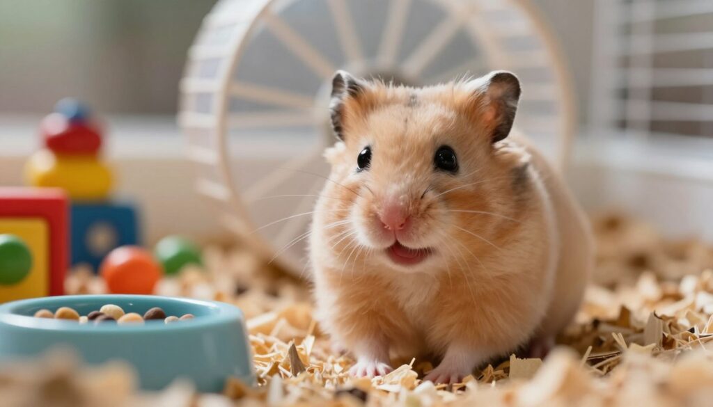 A close-up shot of a small, fluffy hamster with soft, light brown fur, sitting in a cozy habitat filled with bedding and a small wheel. The hamster is gently squeaking, its tiny mouth open in a cute expression, showcasing the emotional nuance of vocalization. The foreground features a clear view of the hamster, while the middle ground includes colorful toys and a small food dish. The background is softly blurred to focus on the subject, with warm, natural lighting cascading through the habitat, creating a calm atmosphere. The overall mood is one of curiosity and concern, reflecting the significance of the hamster’s sounds in relation to its well-being. The perspective is from a slightly lower angle, inviting the viewer into the hamster's perspective.