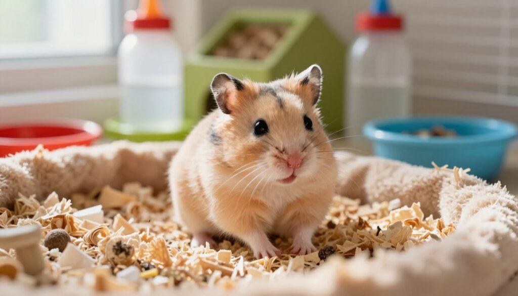 A close-up shot of a young hamster, sitting on a soft, warm bed of bedding in its enclosure. The hamster is in a curious posture, displaying its distinct features that could help with gender identification, such as the positioning of its genital area. The background features a colorful and inviting habitat, with a water bottle, food dish, and a few toys to create a cozy ambiance. Gentle, natural light filters through a nearby window, casting soft shadows that enhance the textures of the bedding and the hamster’s fur. This image conveys an educational atmosphere, with a focus on the unique characteristics of hamsters relevant to determining their sex, perfect for an informative article on pet care.