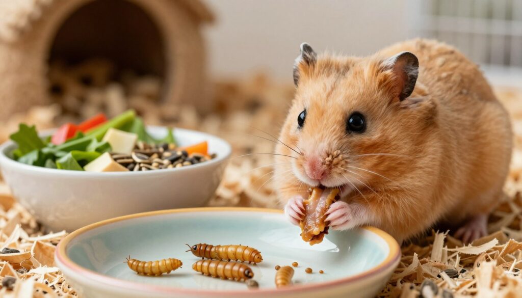 A close-up view of a Syrian hamster in a well-lit setting, interacting with various sources of protein in its diet. The foreground showcases the hamster, with its fluffy golden fur and bright eyes, nibbling on a piece of cooked chicken and a few mealworms on a colorful ceramic dish. In the middle ground, include a small bowl filled with fresh vegetables and seeds, emphasizing a balanced diet. The background should feature a cozy habitat with wood shavings and soft bedding, softly illuminated by warm natural light to create an inviting atmosphere. The overall mood is playful and nurturing, highlighting the importance of protein in a hamster's diet for energy and healthy teeth.