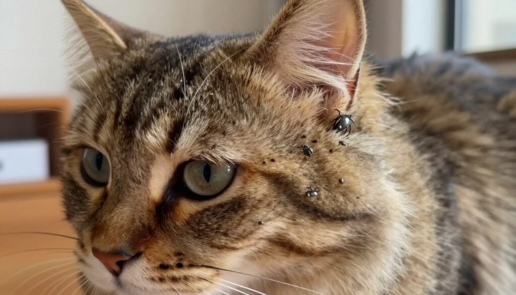 A close-up view of a cat's fur with visible fleas and ticks, showcasing the small yet detailed insects nestled among the fur. The foreground features a fluffy, tabby cat with a striking gaze, expressing curiosity and alertness. In the middle ground, the focus is on the fleas and ticks, highlighted to illustrate their presence clearly, while the fur has a soft texture, reflecting natural light. The background is softly blurred, suggesting a cozy home environment, with warm lighting to create a comforting atmosphere. The image conveys a sense of vigilance and care, emphasizing the importance of pet protection against these parasites.