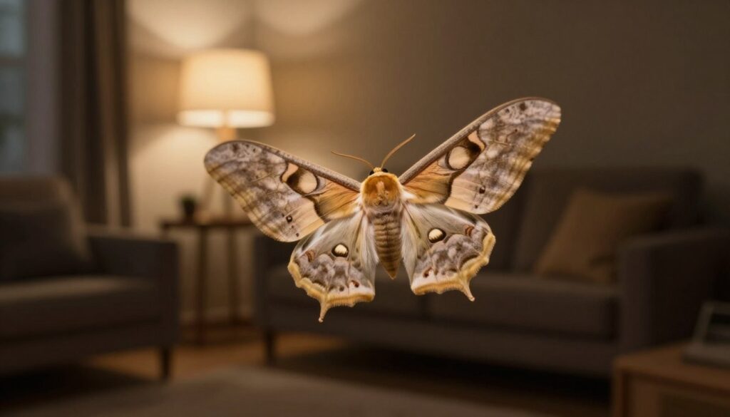 A close-up view of a delicate moth, its wings shimmering softly under the warm glow of an indoor light, showcasing intricate patterns and textures. In the foreground, the moth, partially illuminated, is captured in mid-flight, appearing curious and attracted to the light source. The middle ground features a cozy, dimly lit living room with a gentle ambiance, where the light from a table lamp casts soft shadows, highlighting the moth's graceful form. In the background, the silhouettes of furniture can be seen, creating a serene yet slightly mysterious atmosphere. The scene is imbued with a sense of intrigue and calm, inviting viewers to consider the life and habits of these fascinating creatures.