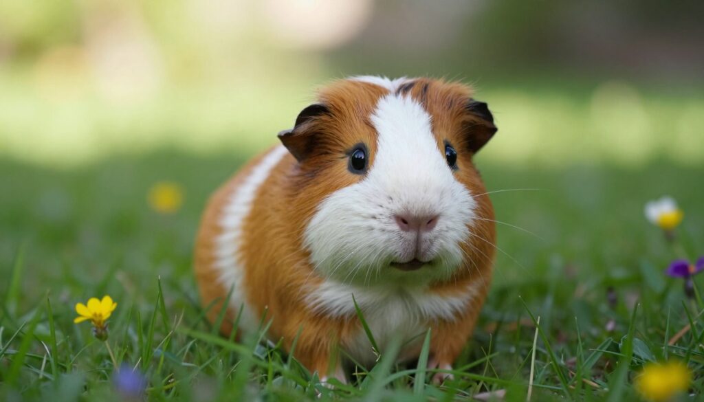 A close-up view of a guinea pig in a natural setting, highlighting its unique eye positioning and field of vision. The guinea pig, with its soft, multicolored fur, is centering the composition, looking curiously towards the viewer. The foreground features lush green grass and a few scattered colorful wildflowers. In the middle ground, subtle shadows hint at a softly illuminated environment to reflect both day and night settings, emphasizing how lighting affects stress levels. The background shows a blend of soft, blurred foliage and gentle light spilling through, creating a calming mood. The image's soft focus mimics a shallow depth of field, enhancing the focus on the guinea pig while still giving a sense of its surroundings. The atmosphere is peaceful and serene, inviting curiosity about the animal's world.