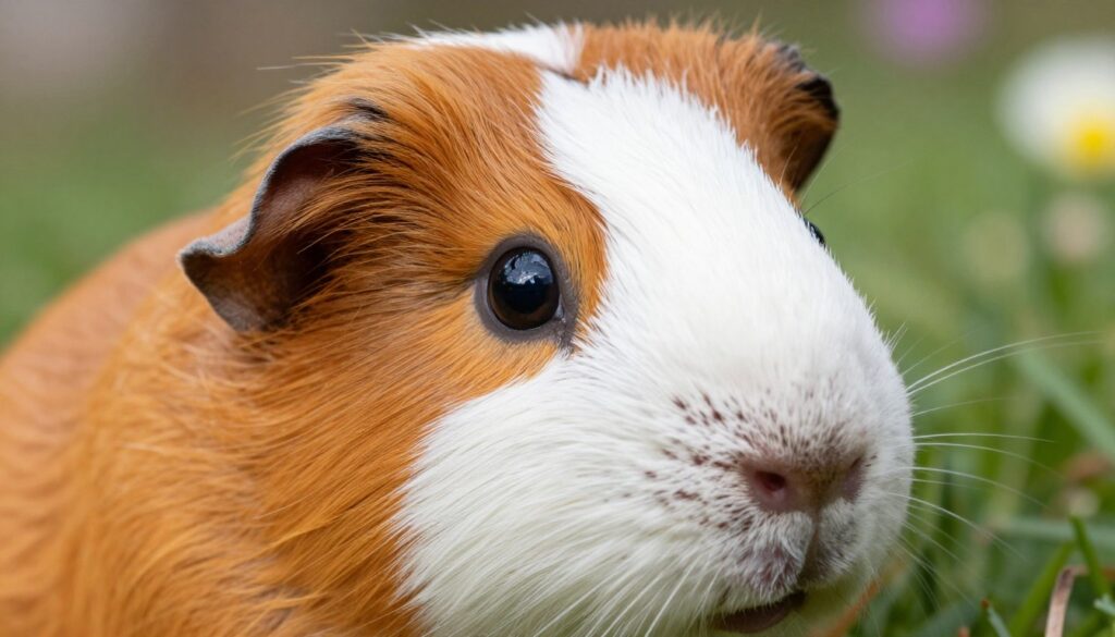 A close-up view of a guinea pig's eyes, showcasing their unique structure and color variations, capturing the light reflecting off their irises. In the foreground, focus on the eyes, highlighting their depth and detail, revealing the intricate patterns. The middle ground features the guinea pig’s face and fur textures, soft and slightly blurred to bring attention to the eyes. In the background, a softly lit natural setting with hints of green grass and flowers, creating a serene atmosphere. Use warm, natural lighting to emphasize the subject's eyes and create a sense of calm. The overall mood should convey curiosity and alertness, reflecting how a guinea pig perceives its surroundings.
