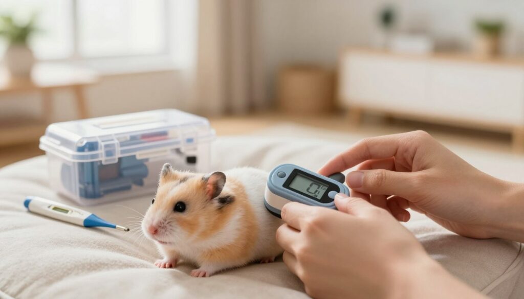 A close-up view of a hamster lying on a soft, cushioned surface, showcasing a gentle examination of its vital signs. In the foreground, a caring hand is carefully checking the hamster’s heart rate with a small portable monitor, emphasizing the bond between pet and owner. The middle ground features a clear pet care toolkit with pulse oximeter and thermometer, neatly arranged. The background is softly blurred, revealing a cozy and well-lit room with warm, inviting colors. Natural light streams through a window, casting a hopeful glow over the scene, conveying an atmosphere of concern and compassion as the owner assesses their pet’s health. No text or distractions present; the focus is solely on the examination process.