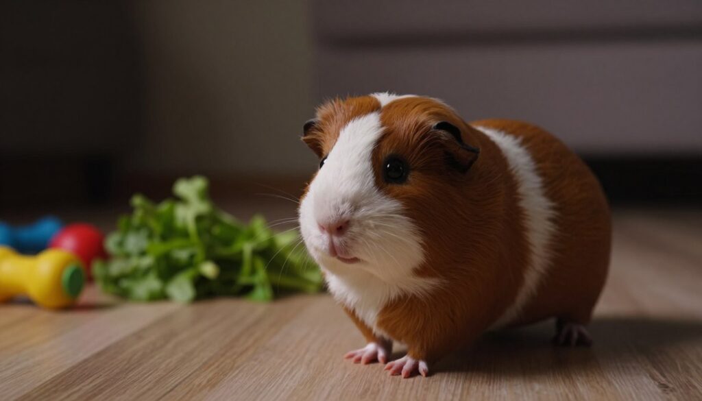 A close-up view of a lively guinea pig in a dimly lit room, showcasing its vibrant fur colors—rich browns, whites, and subtle grays. The foreground features the guinea pig playfully moving, with its expressive eyes reflecting the soft light to highlight its curiosity. The middle ground captures a few colorful toys and fresh green vegetables scattered around, enhancing the sense of movement and activity. The background is slightly blurred, depicting shadows of a cozy indoor environment, adding to the atmosphere of low light. The lighting is warm and gentle, creating a calm mood, while soft shadows play across the scene to evoke a sense of tranquility and exploration. The overall composition invites the viewer to appreciate how guinea pigs perceive color and motion even in subdued lighting.