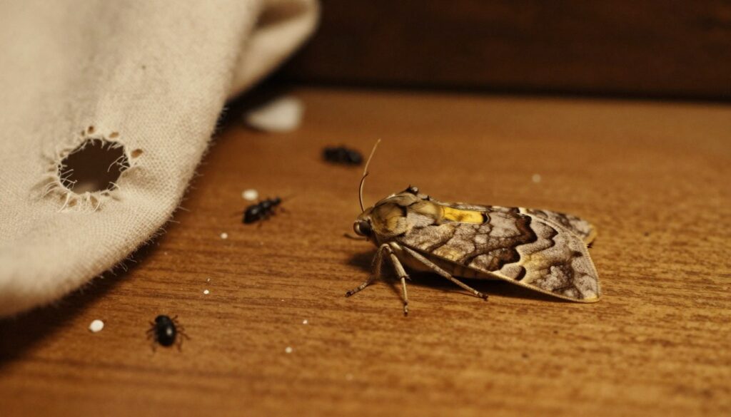 A close-up view of a moth resting on a wooden surface, surrounded by scattered household items that imply pest issues, such as frayed fabric and tiny holes in cotton goods. The moth exhibits intricate wing patterns highlighting its textures in soft browns and yellows, contrasting with the darker background. In the middle of the frame, faint outlines of other pests like weevils and carpet beetles can be subtly suggested, creating a sense of an infestation. The lighting is warm and soft, evoking a cozy yet slightly unsettling atmosphere, as if the viewer has stumbled upon a neglected corner of the home. The angle captures a sense of intimacy with these domestic nuisances, focusing on the delicate details of the moth's body and the surrounding debris.