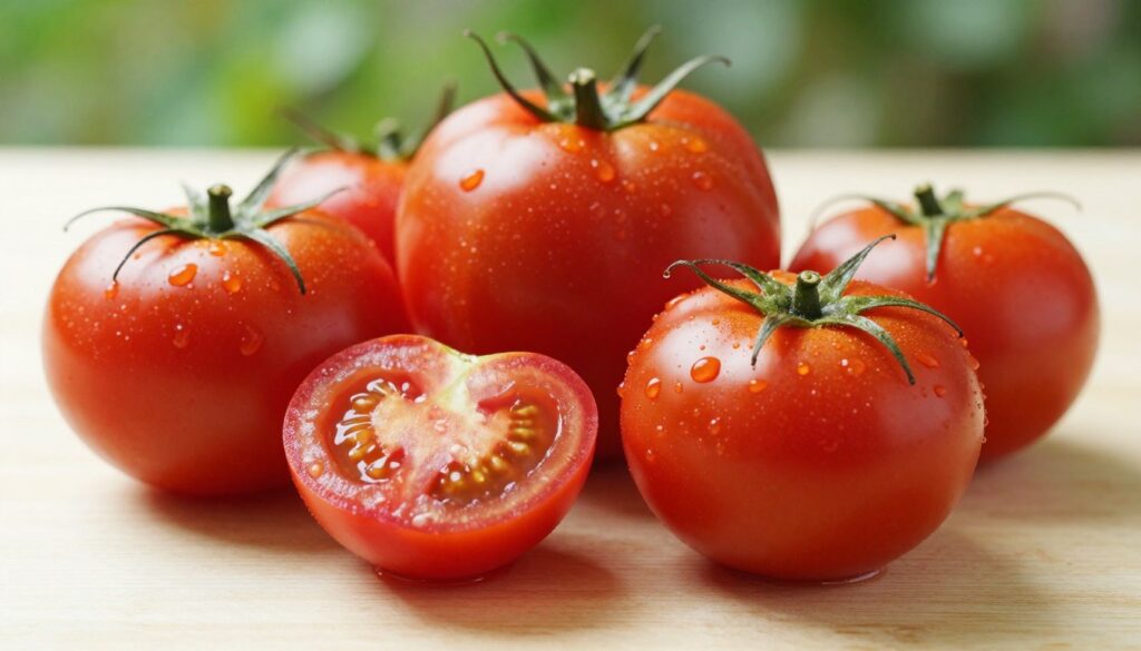 A close-up view of a selection of bright red tomatoes suitable for hamsters, placed on a clean wooden surface. The tomatoes vary in size and shape, highlighting their freshness and juiciness, with dewdrops glistening in warm natural light to enhance their appeal. In the background, softly blurred greenery gives a sense of freshness and nature, creating a harmonious environment. The lighting is bright yet soft, casting gentle shadows that emphasize the tomatoes' round forms. The overall mood is vibrant and cheerful, evoking a sense of healthy feeding options for pets. No text, watermarks or additional elements are included in the image.