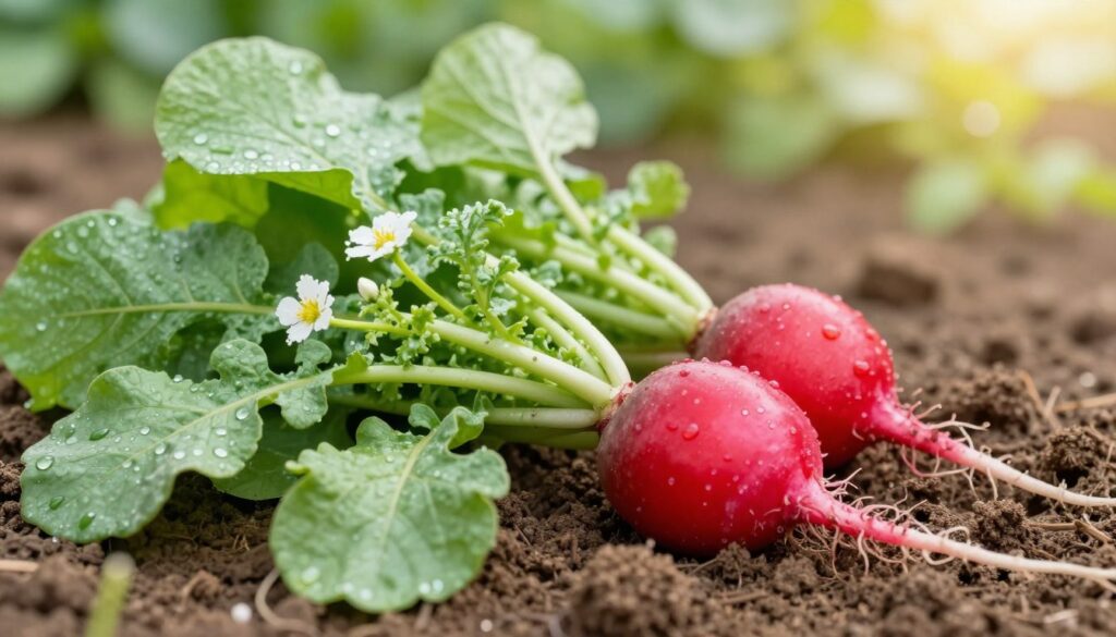 A close-up view of fresh radish leaves and roots, showcasing their vibrant colors and textures. In the foreground, a cluster of green, feathery radish leaves with delicate veins, glistening with morning dew, is accented by a few small white flowers. The middle ground features a bright red radish root, partially exposed in rich brown soil, highlighting the contrast between the leafy greens and the earthy tones. In the background, a softly blurred garden setting with a hint of sunlight filtering through creates a serene and organic atmosphere. The overall mood is fresh and inviting, with bright natural lighting emphasizing the health and vitality of the vegetables. No text, captions, or decorations in the image.