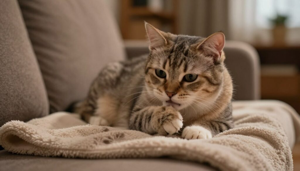 A concerned cat owner observing their feline companion kneading a soft blanket, capturing subtle signs of distress. In the foreground, the cat appears fluffy and relaxed yet slightly uneasy, with wide eyes and ears perked up, placed on a cozy couch. The middle layer features the blanket with visible paw prints, emphasizing the motion of kneading. The background is softly blurred, showcasing a cozy, dimly lit living room with warm hues, suggesting a sense of safety but also hinting at underlying tension. The lighting is soft, creating a warm, intimate atmosphere that contrasts with the cat’s anxious expression, evoking a sense of compassion and concern. Focus on a close-up angle, highlighting the cat’s delicate features and body language.