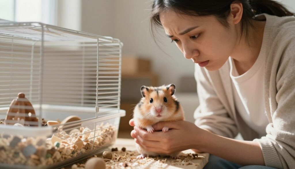 A concerned pet owner closely observes a small, distressed hamster in a cozy habitat setting. The hamster has ruffled fur and a slightly hunched posture, indicative of discomfort or pain. In the foreground, the owner, a young adult woman dressed in casual clothing, gently holds the hamster with a worried expression, emphasizing empathy. The middle section shows the hamster’s cage filled with soft bedding and chew toys to create an inviting atmosphere. The background is softly blurred but hints at a warm home environment, with natural light streaming in through a nearby window, casting gentle shadows. The overall mood is tense yet caring, reflecting the concern for the hamster's well-being.