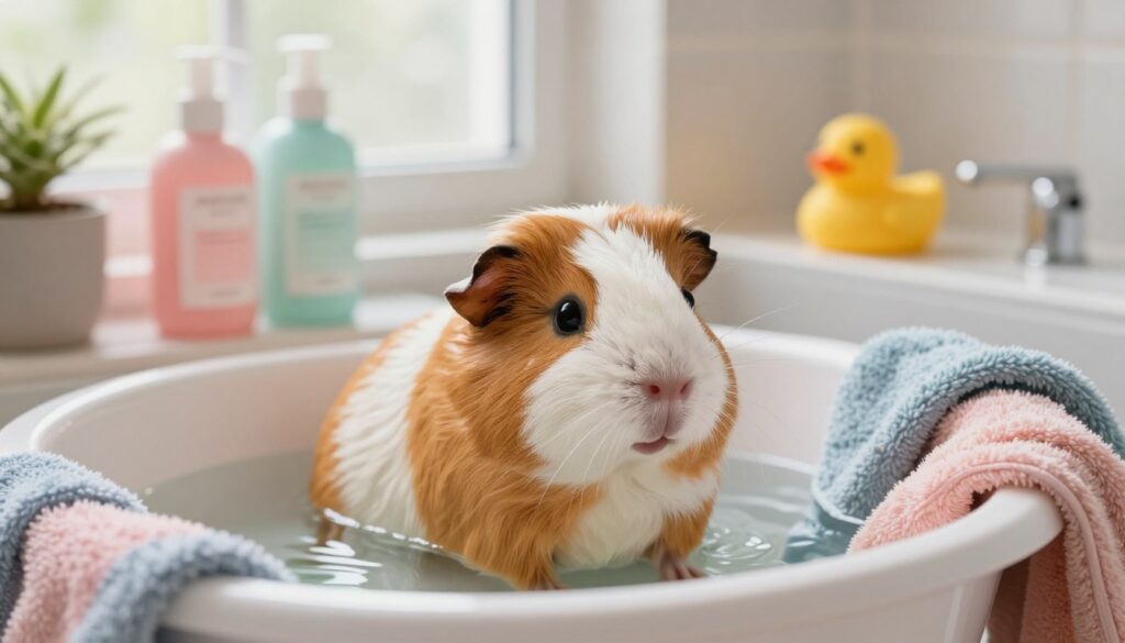 A cozy bathroom setting featuring a cute guinea pig in a small, shallow tub filled with warm water, surrounded by soft, colorful towels. The guinea pig is fluffy and alert, its fur glistening in soft, natural light coming from a nearby window. Various safe bathing accessories, like a gentle shampoo and a rubber duck, are arranged neatly on the counter in the background. The atmosphere is calm and inviting, designed to emphasize safety and comfort. The focus is on the guinea pig, highlighting its adorable features and playful demeanor, while ensuring an overall warm and nurturing environment. The image is captured with a soft focus lens to give it a gentle, heartwarming aesthetic.
