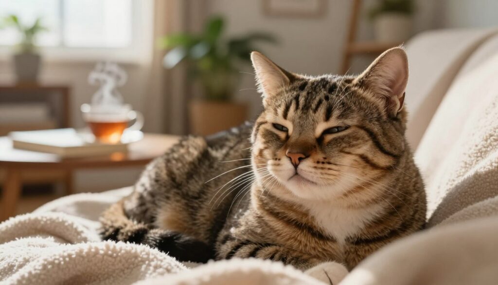 A cozy domestic scene featuring a content tabby cat curled up on a soft, plush blanket, softly emitting a soothing purring sound. The foreground showcases the cat with a close-up perspective, capturing its expressive eyes half-closed in relaxation, showcasing the gentle rise and fall of its chest as it purrs. In the middle ground, a warm, inviting living room is visible, with a couple of potted plants and a coffee table adorned with a book and a steaming cup of tea, hinting at a peaceful afternoon. The background includes a softly lit window allowing gentle sunlight to filter in, casting a warm glow over the scene. The mood is tranquil and comforting, evoking a sense of serenity and companionship.