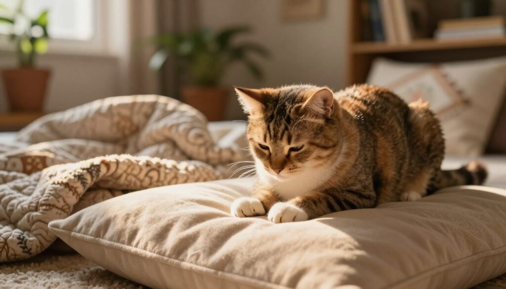 A cozy indoor scene featuring a fluffy cat kneading a soft, patterned blanket on a plush cushion. The foreground showcases the cat with its paws rhythmically pressing the fabric, its eyes half-closed, conveying a sense of contentment. The middle ground includes a slightly crumpled quilt and a decorative pillow, adding texture and warmth. In the background, a softly lit room is decorated with potted plants and a subtle bookshelf, creating a serene atmosphere. The lighting is warm, with golden hues filtering through a nearby window, casting gentle shadows and enhancing the coziness of the scene. The overall mood is tranquil and inviting, reflecting the affectionate behavior of the cat without any distractions or text.