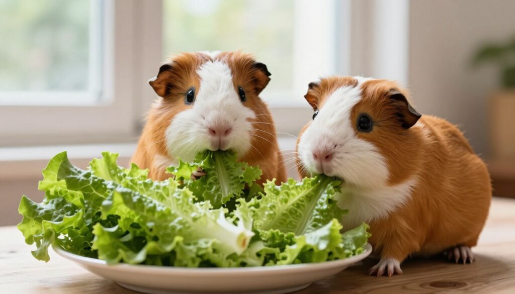 A cozy indoor scene featuring two adorable guinea pigs happily nibbling on fresh, vibrant green lettuce leaves. The foreground showcases a small dish filled with a variety of lettuce types, such as Romaine and Butterhead, invitingly arranged. In the middle, the guinea pigs are actively munching, with one slightly larger than the other to add a sense of scale and character. The background contains a softly blurred view of a sunny window, allowing natural light to filter in, creating a warm and inviting atmosphere. The scene is captured with a shallow depth of field to emphasize the guinea pigs and the lettuce. The overall mood is cheerful and playful, ideal for an informative piece about pet care. A cozy indoor scene featuring two adorable guinea pigs happily nibbling on fresh, vibrant green lettuce leaves. The foreground showcases a small dish filled with a variety of lettuce types, such as Romaine and Butterhead, invitingly arranged. In the middle, the guinea pigs are actively munching, with one slightly larger than the other to add a sense of scale and character. The background contains a softly blurred view of a sunny window, allowing natural light to filter in, creating a warm and inviting atmosphere. The scene is captured with a shallow depth of field to emphasize the guinea pigs and the lettuce. The overall mood is cheerful and playful, ideal for an informative piece about pet care.