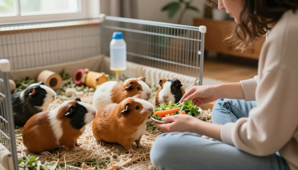 A cozy indoor scene showcasing a person gently feeding guinea pigs. In the foreground, the person, dressed in a comfortable, casual outfit, holds a small dish filled with fresh vegetables, such as carrots and leafy greens. The guinea pigs are gathered around enthusiastically, their fur soft and shiny, showing their friendly nature. In the middle ground, a spacious and inviting pen is adorned with soft bedding, toys, and a water bottle. The background features warm, natural lighting streaming through a window, creating a nurturing atmosphere. The focus is on the interaction between the person and the guinea pigs, capturing the essence of care and companionship that fosters the animals' confidence in their home environment.