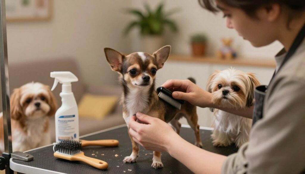 A cozy indoor setting featuring a close-up of a professional groomer gently brushing a short-haired Chihuahua and a long-haired Chihuahua. In the foreground, the groomer, dressed in modest casual clothing, is focused on the task, showcasing their expertise. The short-haired Chihuahua has smooth, shiny fur, while the long-haired Chihuahua displays its fluffy, flowing coat. In the middle ground, grooming tools like brushes and grooming sprays are neatly arranged on a table. Soft, warm lighting bathes the scene, creating a welcoming atmosphere. The background has muted colors with a blurred pet-friendly environment including a few plants and toys, emphasizing the caring environment where both breeds are being pampered. The overall mood is calm and focused, highlighting the importance of grooming in pet care.