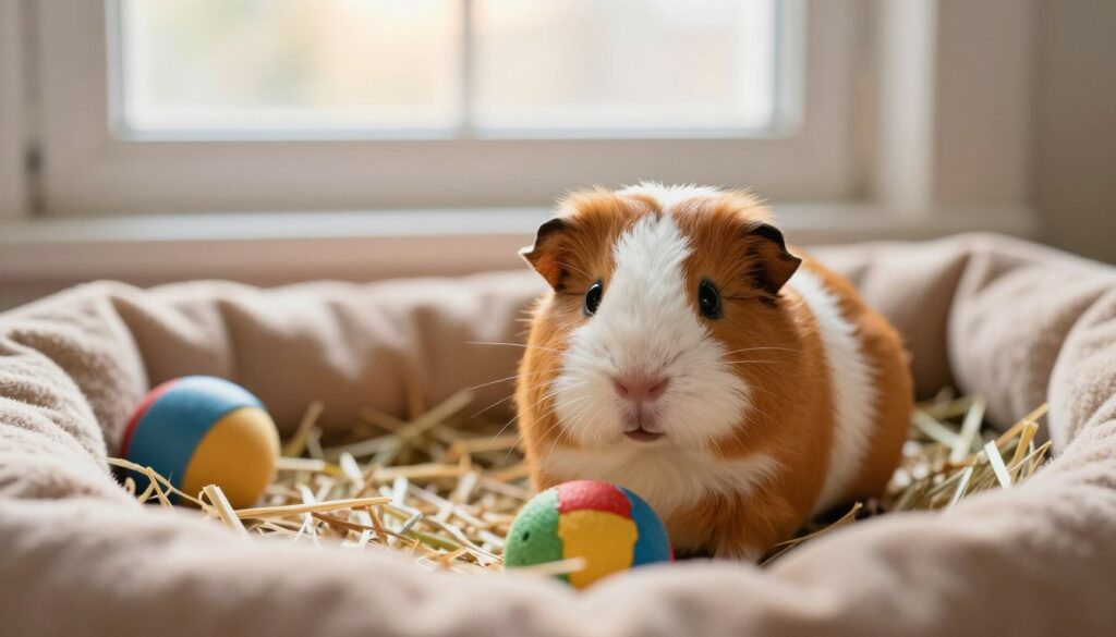 A cozy indoor setting featuring a curious guinea pig exploring its surroundings. In the foreground, the guinea pig, with its vibrant fur in shades of caramel and white, is peering attentively at a colorful toy. The middle ground includes a soft, comfortable bedding area filled with hay and a few additional toys, illustrating the guinea pig's environment. In the background, a window lets in gentle, warm sunlight, creating a serene atmosphere. The lighting highlights the gleam in the guinea pig's eyes, suggesting its keen visual perception. The scene conveys a sense of curiosity and playful behavior influenced by its vision. Capture this moment with a soft focus lens, emphasizing the charming details of the guinea pig and its lively environment.