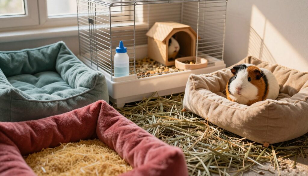 A cozy indoor setting filled with various types of bedding for a guinea pig. In the foreground, colorful soft bedding materials like hay, paper-based litter, and aspen shavings are neatly arranged, showcasing different textures and colors. In the middle, a well-furnished guinea pig cage with a small water bottle, food dish, and hidden nooks for the pet to explore. In the background, a gentle warm light streams through a window, illuminating the space and casting soft shadows, creating a serene atmosphere. The mood is inviting and peaceful, reflecting the comforting environment for a guinea pig. The angle should be slightly elevated to capture the entirety of the cage setup and bedding arrangement.
