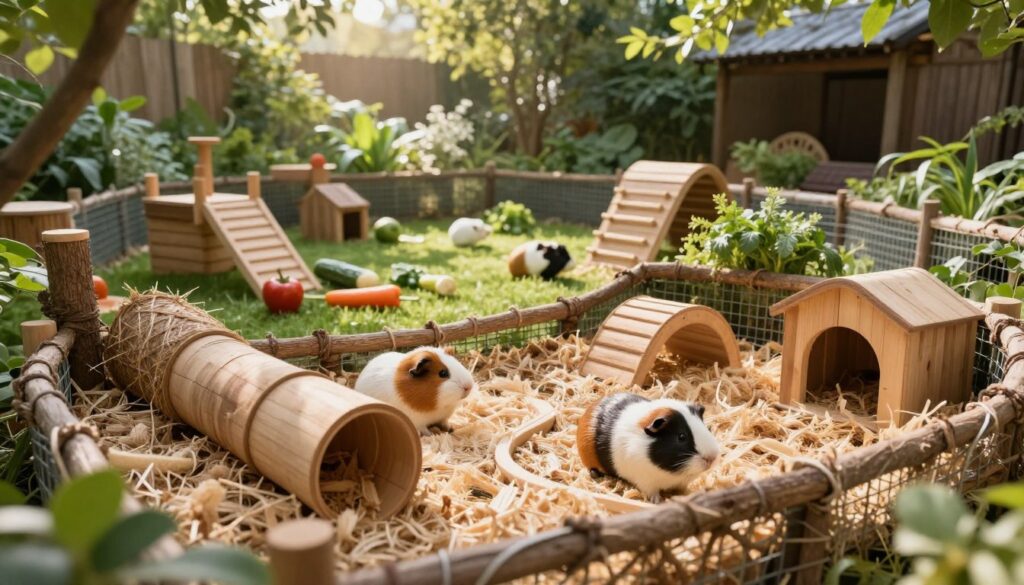 A cozy, naturalistic guinea pig habitat featuring spacious, well-designed cages and an open play area. In the foreground, a beautifully arranged cage made of natural materials, filled with soft bedding, with wooden tunnels and hideaways for the guinea pigs to explore. In the middle ground, a grassy playpen with climbing structures, fresh vegetables scattered around, and a serene atmosphere. The background shows a sunlit, green garden with gentle sunlight filtering through trees, casting soft shadows. The scene conveys a warm, inviting mood, encouraging playful and peaceful interaction between guinea pigs and their natural environment. Use soft, natural lighting to emphasize the textures of the bedding and greenery, shot from a slight angle to add depth.