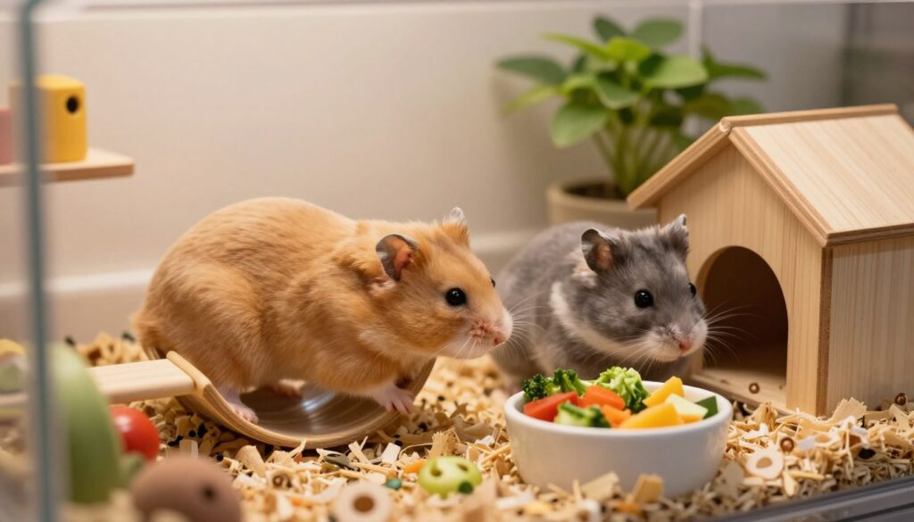 A cozy, well-lit pet habitat featuring a male and female hamster side by side in their separate but connected enclosures. In the foreground, the male hamster is a fluffy golden-brown, energetically climbing on a wheel, while the female hamster, a sleek gray with white markings, is curiously sniffing around a small wooden hideout. In the middle ground, scattered bedding and a small bowl filled with fresh vegetables emphasize their healthy diet. The background shows soft lighting, creating a warm atmosphere, with plants and toys that add a playful touch to their surroundings. Use a slightly angled perspective to highlight their interactive behaviors, giving a sense of companionship and care in a homely setting.