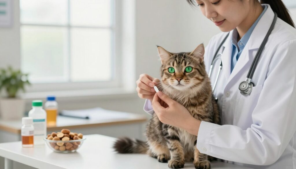A cozy, well-lit veterinary clinic scene featuring a knowledgeable veterinarian gently administering a tablet to a friendly domestic cat. In the foreground, the vet, dressed in professional attire, is holding the cat in a calm manner, ensuring the animal feels safe and comfortable. The cat is a fluffy tabby with vibrant green eyes, looking relaxed and trusting. In the middle ground, a consultation table with various pet care items and a bowl of treats to entice the cat can be seen. The background features a bright window with soft, natural light streaming in, highlighting the warmth of the environment. The mood is reassuring and professional, emphasizing the importance of careful handling and proper dosing of medications for pets.