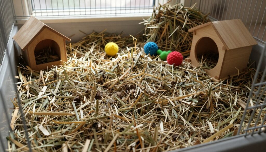 A cozy, well-organized guinea pig cage interior featuring drybed substrate as the primary bedding material. In the foreground, showcase a soft, multi-layered drybed, with its textured surface and muted earth tones, creating a warm and inviting feel. In the middle ground, include hay piles and small wooden huts strategically positioned on the drybed, with a few colorful chew toys scattered around for added vibrancy. The background should have a clear view of the cage bars and a gentle play of natural light filtering in, casting delicate shadows onto the bedding. The overall atmosphere should be tranquil and nurturing, highlighting a safe and comfortable environment for guinea pigs. The scene should be viewed from a slightly elevated angle, ensuring a comprehensive view of the layout while maintaining focus on the drybed.