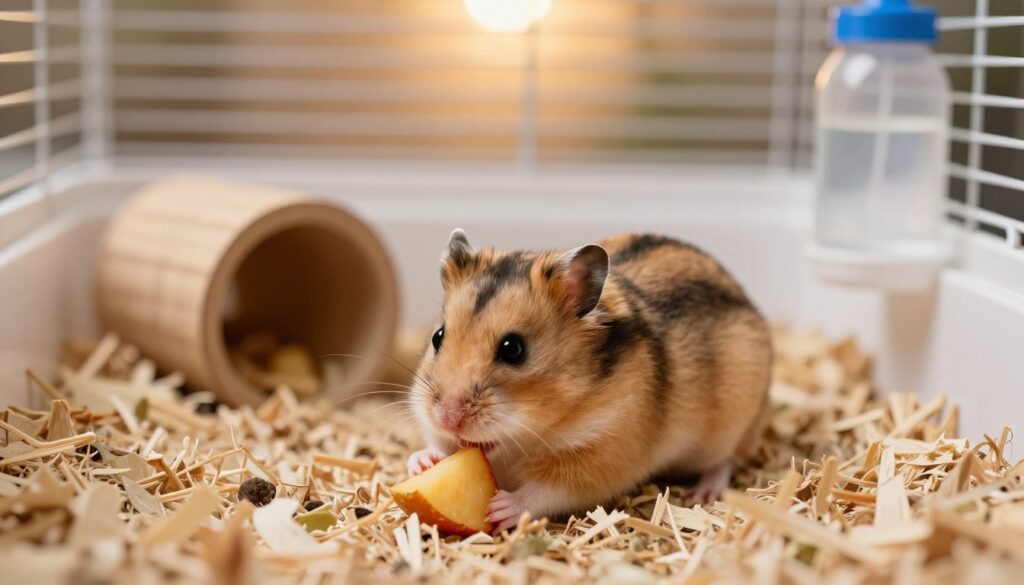 A cute, fluffy Dzungarian hamster perched on a bed of soft, natural bedding in a cozy habitat. The hamster is small, quick, and features the characteristic stripe running down its back, showcasing its unique markings. In the foreground, the hamster is playfully reaching for a small piece of fruit, symbolizing its lively and curious nature. The middle ground includes a clean, modern cage with tunnels and a water bottle, blending functionality with a welcoming atmosphere. In the background, warm, diffused lighting creates a soft glow, enhancing the peaceful yet lively mood of the scene. The overall vibe encapsulates the spirit of a playful little pet, inviting the viewer to consider names that reflect its vibrant character. A cute, fluffy Dzungarian hamster perched on a bed of soft, natural bedding in a cozy habitat. The hamster is small, quick, and features the characteristic stripe running down its back, showcasing its unique markings. In the foreground, the hamster is playfully reaching for a small piece of fruit, symbolizing its lively and curious nature. The middle ground includes a clean, modern cage with tunnels and a water bottle, blending functionality with a welcoming atmosphere. In the background, warm, diffused lighting creates a soft glow, enhancing the peaceful yet lively mood of the scene. The overall vibe encapsulates the spirit of a playful little pet, inviting the viewer to consider names that reflect its vibrant character.