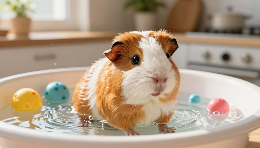 A cute guinea pig sitting calmly in a shallow basin filled with lukewarm water, surrounded by gentle splashes and tiny bubbles. In the foreground, the guinea pig’s soft fur glistens under warm sunlight, highlighting its endearing features and vibrant colors. The middle ground shows a few colorful, non-toxic bath toys floating alongside the guinea pig, adding a playful element to the scene. In the background, a softly blurred kitchen setting with plant decorations and natural lighting, creating a warm, inviting atmosphere. The overall mood is cheerful and serene, showcasing a safe and gentle bathing experience for the guinea pig. The image should be captured from a slightly elevated angle to provide an engaging perspective.