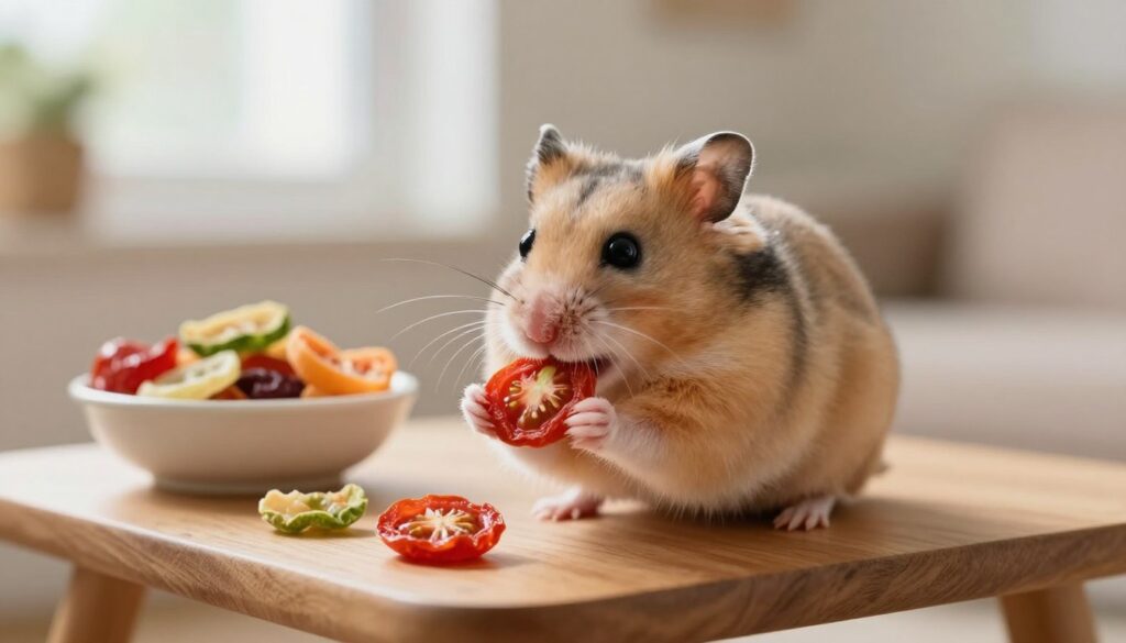 A cute hamster sitting on a small wooden table, nibbling on a slice of dried tomato. The foreground features the hamster's fluffy fur and bright eyes, while its tiny paws delicately hold the tomato piece. In the middle ground, a small bowl filled with assorted dried fruits and vegetables can be seen, hinting at a healthy snack variety. The background includes a softly blurred view of a cozy home environment with gentle natural lighting coming through a window, creating a warm, inviting atmosphere. The focus is clear on the hamster and the dried tomato, capturing a moment of curiosity and joy as it enjoys its treat. The image conveys a playful and wholesome mood, perfect for illustrating the subject without any text or distractions.