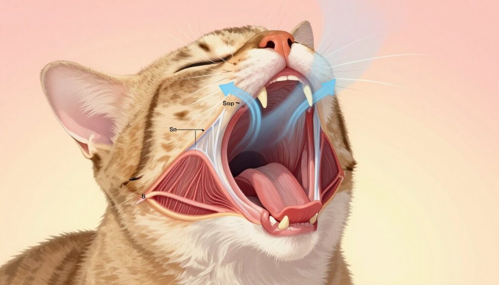 A detailed anatomical illustration of a cat's throat and laryngeal muscles in action during purring. In the foreground, focus on the vibrant colors of a cat's larynx, showcasing the muscles contracting and expanding, with clear labels for each component. The middle layer should highlight airflow pathways, depicted with gentle blue arrows indicating breath movement through the throat. In the background, a soft gradient of warm, inviting colors to evoke a sense of calmness and comfort, reflecting the soothing nature of the purring sound. Use soft lighting to enhance the textures of the muscles, with a slight shadow to add depth. The angle should be slightly upward, providing a dynamic view that invites the viewer into the anatomical structure. The overall mood is peaceful and informative, making it suitable for educational purposes.
