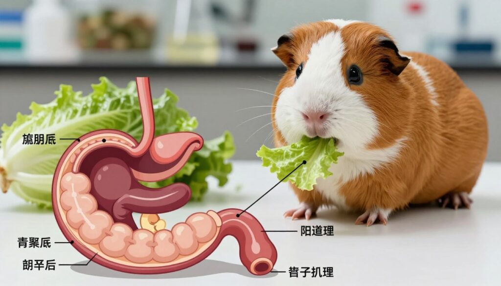 A detailed anatomical illustration of the digestive system, highlighting the organs involved in processing food, particularly focusing on a guinea pig's digestive tract. In the foreground, showcase a detailed cross-section of the stomach and intestines, with clear labels indicating each part. The middle ground should feature a guinea pig cautiously nibbling on a piece of romaine lettuce, its body depicted in a natural and relaxed pose. The background should present a soft-focus of a laboratory setting, suggesting a scientific exploration of nutrition. Utilize warm, natural lighting to create an inviting atmosphere, capturing the delicate balance of health and potential digestive issues. Use a close-up angle to emphasize the connection between the guinea pig and its food while maintaining clarity and educational value. A detailed anatomical illustration of the digestive system, highlighting the organs involved in processing food, particularly focusing on a guinea pig's digestive tract. In the foreground, showcase a detailed cross-section of the stomach and intestines, with clear labels indicating each part. The middle ground should feature a guinea pig cautiously nibbling on a piece of romaine lettuce, its body depicted in a natural and relaxed pose. The background should present a soft-focus of a laboratory setting, suggesting a scientific exploration of nutrition. Utilize warm, natural lighting to create an inviting atmosphere, capturing the delicate balance of health and potential digestive issues. Use a close-up angle to emphasize the connection between the guinea pig and its food while maintaining clarity and educational value.