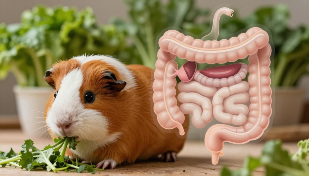 A detailed and educational illustration of a guinea pig and its digestive system. In the foreground, depict a healthy guinea pig eating fresh green plants, showcasing its natural exploration behavior. The middle layer features a stylized, transparent overlay of the guinea pig's digestive system, highlighting key organs like the stomach and intestines, with emphasized areas to indicate potential digestive issues. In the background, include soft, blurred images of various healthy greens, symbolizing safe and nutritious dietary options. The lighting is warm and inviting, creating an informative yet calming atmosphere. Use a close-up angle to focus on the details of the guinea pig and its digestive representation, ensuring a clear and educational visual for the topic on digestive health signals.