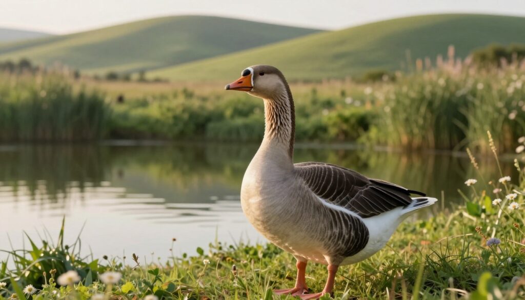 A graceful gray goose stands prominently in the foreground, its feathers glistening in the soft morning sunlight, which creates a warm and inviting atmosphere. In the middle ground, a serene pond reflects the lush greenery surrounding it, with hints of wild flora indicating a natural habitat. In the background, soft rolling hills can be seen, bathed in gentle light, symbolizing the tranquility of the wild. The goose is depicted in a typical resting pose, showcasing its natural behavior, while subtle details like ripples on the water's surface and delicate wildflowers add depth to the scene. This image captures the essence of the life cycle and natural habitat of geese, blending realism with serene beauty, shot at a slightly lower angle to emphasize the subject and its surroundings.