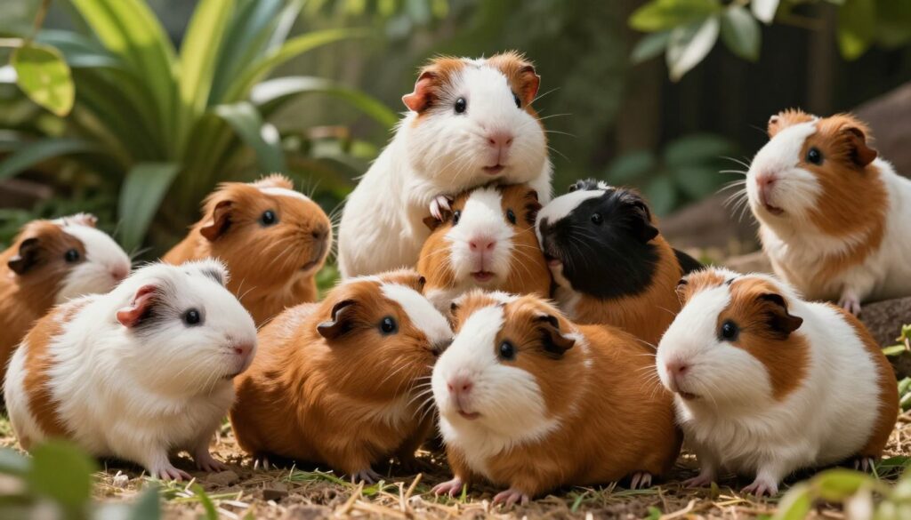 A lively scene depicting the social life of guinea pigs in their natural habitat, showcasing a group of them interacting playfully. In the foreground, several guinea pigs are seen grooming each other and engaging in friendly behavior, highlighting their social bonding. In the middle ground, a few more guinea pigs are establishing territory, displaying subtle hierarchy through body language and positioning. The background features lush greenery, with soft dappled sunlight filtering through leaves, creating a warm and inviting atmosphere. A low angle captures the essence of their world from the perspective of the guinea pigs, emphasizing their interactions and natural behaviors. The overall mood is vibrant and cheerful, reflecting the close-knit social structure of these adorable creatures.