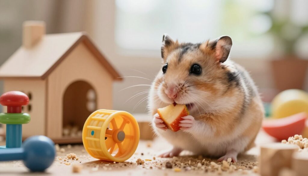 A playful, curious male hamster with a soft, fluffy coat, seated inside a cozy habitat filled with colorful toys and a small wheel. In the foreground, the hamster is nibbling on a piece of fresh fruit, showcasing its adorable whiskers and bright eyes. In the middle ground, the habitat includes various accessories like a tiny house and bedding, creating a lively atmosphere. The background is softly blurred, suggesting a warm, inviting room filled with soft, natural light filtering through a window. The overall mood is cheerful and lighthearted, capturing the essence of classic, funny, and character-based names for male hamsters. Use a warm color palette to enhance the inviting feel of the scene, emphasizing the hamster’s personality. A playful, curious male hamster with a soft, fluffy coat, seated inside a cozy habitat filled with colorful toys and a small wheel. In the foreground, the hamster is nibbling on a piece of fresh fruit, showcasing its adorable whiskers and bright eyes. In the middle ground, the habitat includes various accessories like a tiny house and bedding, creating a lively atmosphere. The background is softly blurred, suggesting a warm, inviting room filled with soft, natural light filtering through a window. The overall mood is cheerful and lighthearted, capturing the essence of classic, funny, and character-based names for male hamsters. Use a warm color palette to enhance the inviting feel of the scene, emphasizing the hamster’s personality.