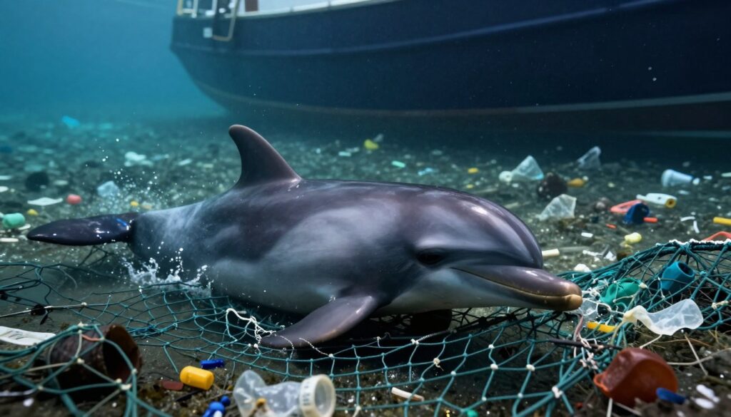 A poignant scene depicting dolphins in peril, illustrating the threats they face in their modern oceanic environment. In the foreground, a dolphin struggles to navigate through a confusing tangle of fishing nets, its body partially entangled, conveying a sense of urgency and distress. The midground shows the murky waters filled with plastic debris and pollutants, hinting at human impact on marine ecosystems. In the background, shadows of a boat loom ominously, symbolizing overfishing and human intrusion. The lighting is dim and moody, casting an ethereal glow on the dolphin, highlighting its beauty and plight. Capture this from a slightly angled perspective, evoking empathy for the endangered creatures amid their struggles, ensuring a powerful portrayal of dolphin conservation issues.