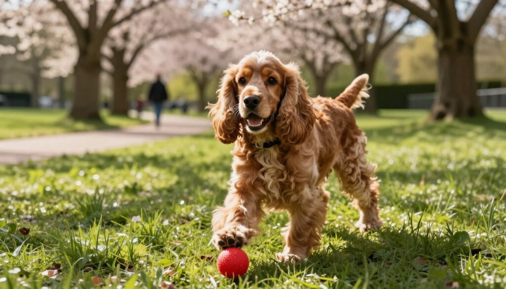 A serene English cocker spaniel in a lush green park setting, embodying its friendly and lively temperament. In the foreground, the dog is playfully interacting with a bright red ball, showcasing its joyful nature. The middle ground features gentle sunlight filtering through the trees, casting dappled shadows on the grass, highlighting the dog's shiny coat. In the background, a peaceful walking path winds under blossoming trees, suggesting a tranquil environment. Use soft, natural lighting to enhance the warmth and inviting atmosphere, with a focus on the dog's expressive eyes that reflect its intelligence and need for companionship. Capture the image from a slightly low angle to emphasize the dog's playful stance and joyous spirit.