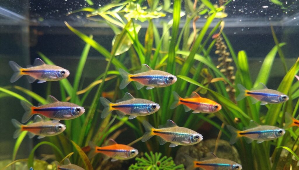 A serene aquarium scene showcasing various species of algae eaters, also known as 'glonojad,' swimming gracefully among vibrant aquatic plants. In the foreground, a variety of glonojad, like the common bristlenose pleco and the vibrant Siamese algae eater, display their diverse colors and shapes. The middle ground features lush green plants and decorations, providing a lively habitat. In the background, soft, diffused lighting simulates sunlight filtering through the water, creating a calming ambiance. The camera angle should capture all elements clearly, emphasizing the life and diversity within the aquarium. The atmosphere is tranquil, highlighting the beauty and vitality of these fish and their environment as they thrive in their aquatic home.