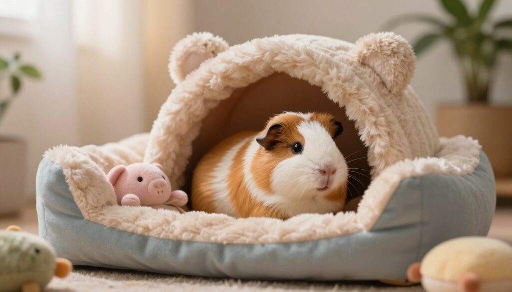 A serene indoor setting depicting a cozy corner for a guinea pig, emphasizing comfort and tranquility. In the foreground, a plush, soft bedding area with gentle pastel colors, surrounded by small, comfortable accessories like a cozy hideaway and soft toys. In the middle, there's a guinea pig resting peacefully, with a gentle expression, nestled in the bedding. The background features warm, soft lighting, creating a calming atmosphere, with a hint of greenery like potted plants. Consider a shallow depth of field to draw focus to the guinea pig, while the soft bokeh in the background adds to the serene mood. The overall image conveys warmth, care, and a nurturing environment for a beloved pet in their time of need.