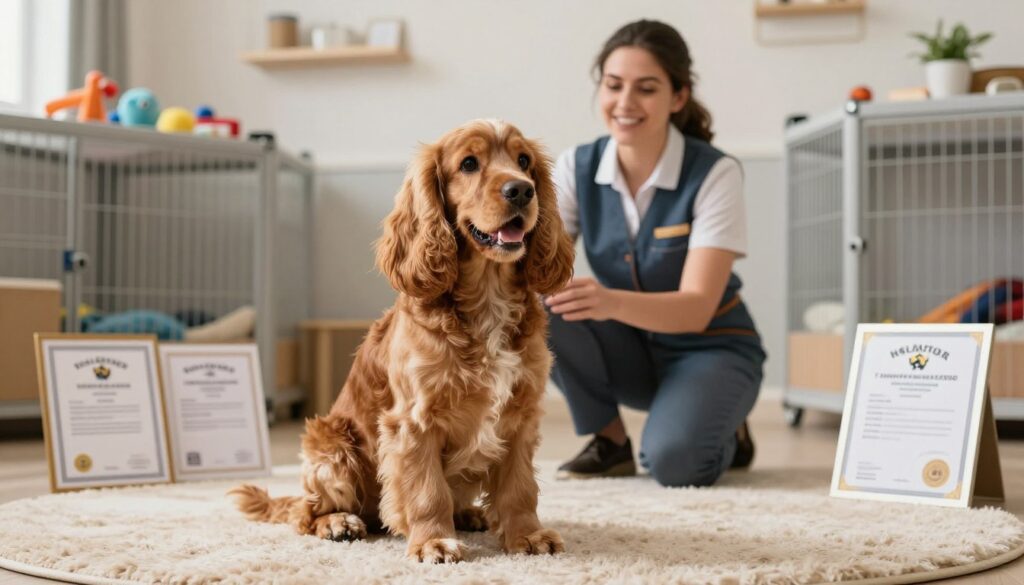 A serene scene depicting an English Cocker Spaniel in a well-lit, inviting setting, capturing its playful and affectionate nature. In the foreground, the dog is sitting gracefully on a plush rug, with its shiny coat reflecting soft, natural light. In the middle background, a knowledgeable breeder, dressed in professional attire, is interacting gently with the dog, showcasing the bonds formed during responsible breeding. Around them, images of certificates and health documents are subtly incorporated, hinting at the importance of selecting a reputable breeder. The background features a cozy, well-organized breeding space with tools and toys that reflect a nurturing environment. The overall mood is warm and informative, promoting the idea of responsible pet ownership and care.