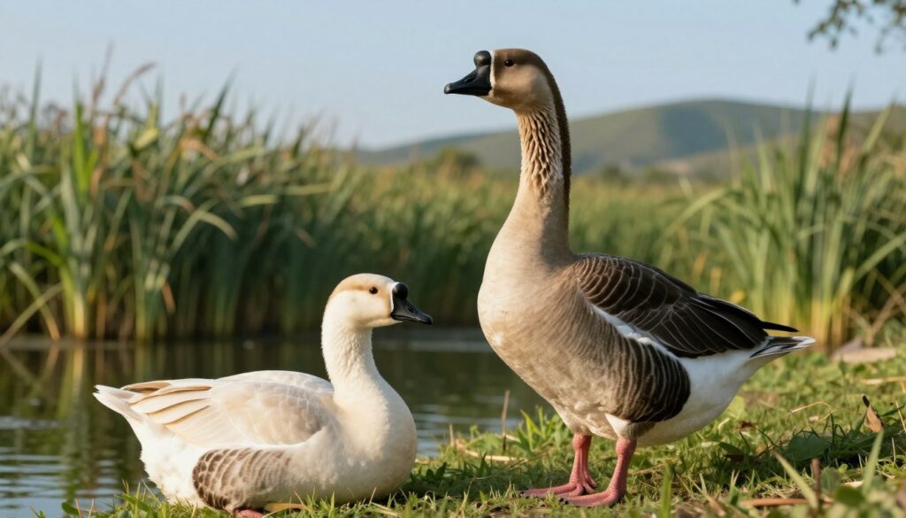 A serene scene depicting both a domestic goose and a wild goose side by side, highlighting their differences. In the foreground, the domestic goose has a plump, fluffy body with soft, light-colored feathers and a calm demeanor, basking in sunlight beside a tranquil pond. In contrast, the wild goose stands tall and alert, showcasing its darker, sleek feathers with a piercing gaze, positioned on a nearby grassy bank. The middle ground features lush green reeds swaying gently in the breeze, creating a natural habitat feel. In the background, a soft-focus landscape of rolling hills under a clear blue sky enhances the peaceful atmosphere. The lighting is warm and inviting, suggesting a sunny day, and the angle is slightly above eye level to capture both birds equally.