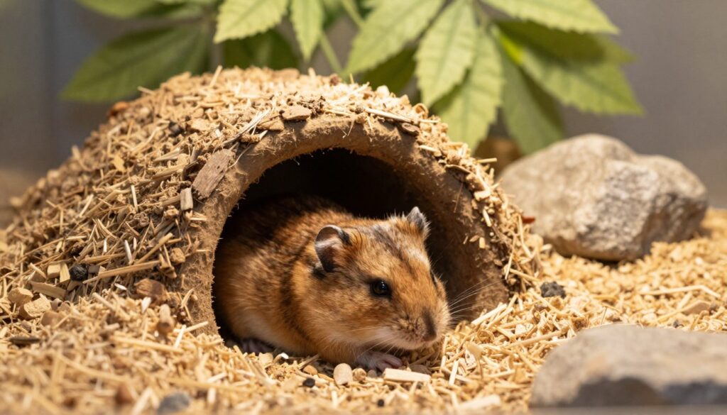 A solitary desert hamster, known as the Djungarian hamster, nestles peacefully in its spacious, naturalistic habitat. In the foreground, the hamster is curled up on soft bedding, with its tiny eyes half-closed, exuding a sense of tranquility. The middle ground features a small, cozy burrow made of natural materials, providing a safe haven for the hamster. In the background, gentle green foliage and a few scattered rocks add to the inviting atmosphere. The lighting is warm and soft, mimicking the gentle glow of sunlight filtering through leaves, creating a serene mood. The image is captured from a low angle, bringing viewers closer to the hamster's world, emphasizing its solitude and contentment in the cage environment. The overall atmosphere is calm and peaceful, inviting reflection on the hamster's solitary nature.