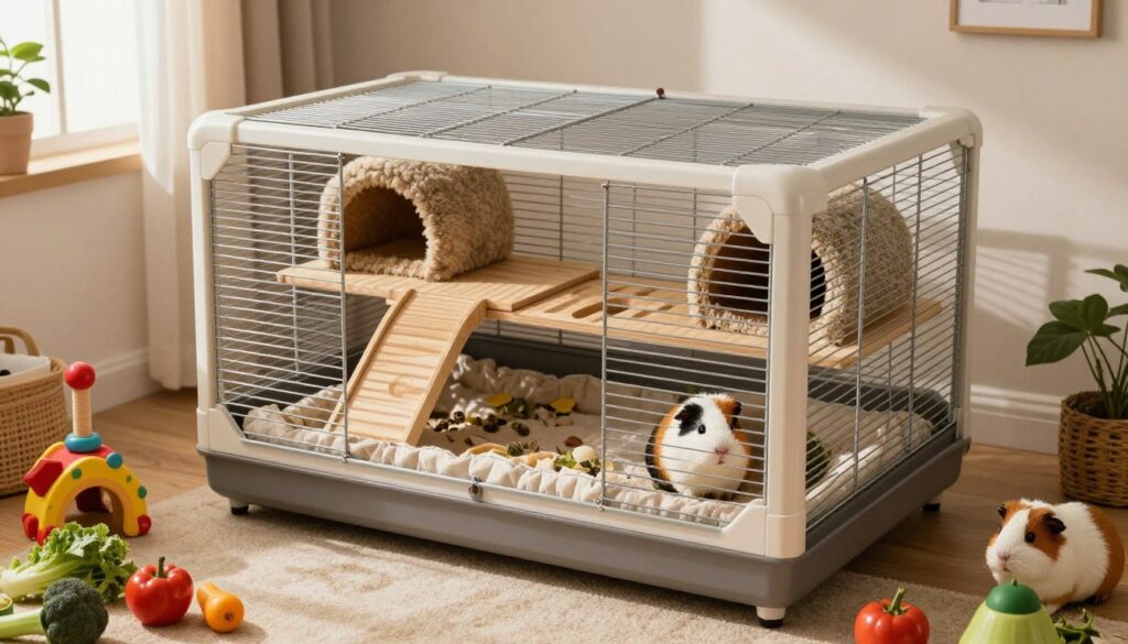 A spacious guinea pig cage designed for comfort and safety, featuring multiple levels with ramps, cozy hiding spots, and soft bedding. In the foreground, focus on colorful toys and fresh veggies scattered around, adding life to the scene. The middle section shows a large, well-ventilated cage made of durable materials, with a variety of textures like wooden platforms and fabric tunnels. The background includes a calm and inviting room with soft lighting filtering through a window, casting gentle shadows, enhancing the cozy atmosphere. The overall mood is warm and inviting, suitable for presenting a perfect guinea pig habitat. Consider a slight overhead angle to capture both the inner details and external environment of the cage.