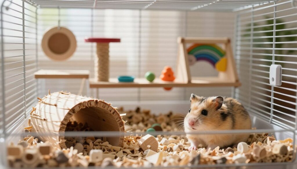 A spacious, well-designed hamster cage filled with natural materials that promote comfort and reduce stress for a Dzungarian hamster. In the foreground, a cozy nesting area made of soft bedding and small tunnels made from untreated wood. In the middle, a variety of enrichment items like colorful chew toys and climbing structures, encouraging healthy activity. The background features a serene, well-lit setting, with soft natural light filtering through the bars of the cage, casting gentle shadows. The mood is calm and inviting, illustrating a peaceful environment for the hamster, emphasizing tranquility and well-being. The image should focus on the interior of the cage, showcasing its thoughtful design without any text or distractions.